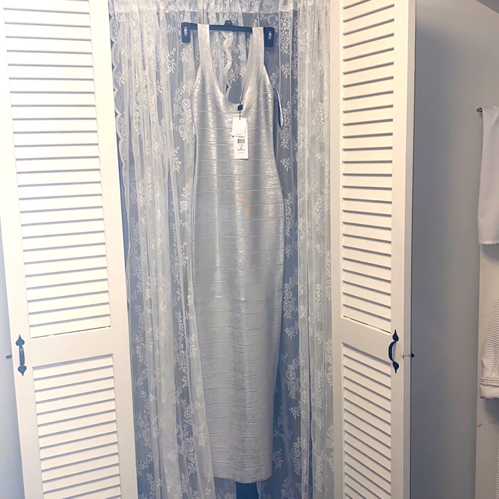NWT Silver Foil Herve Leger Long Cocktail Dress - Picture 7 of 13